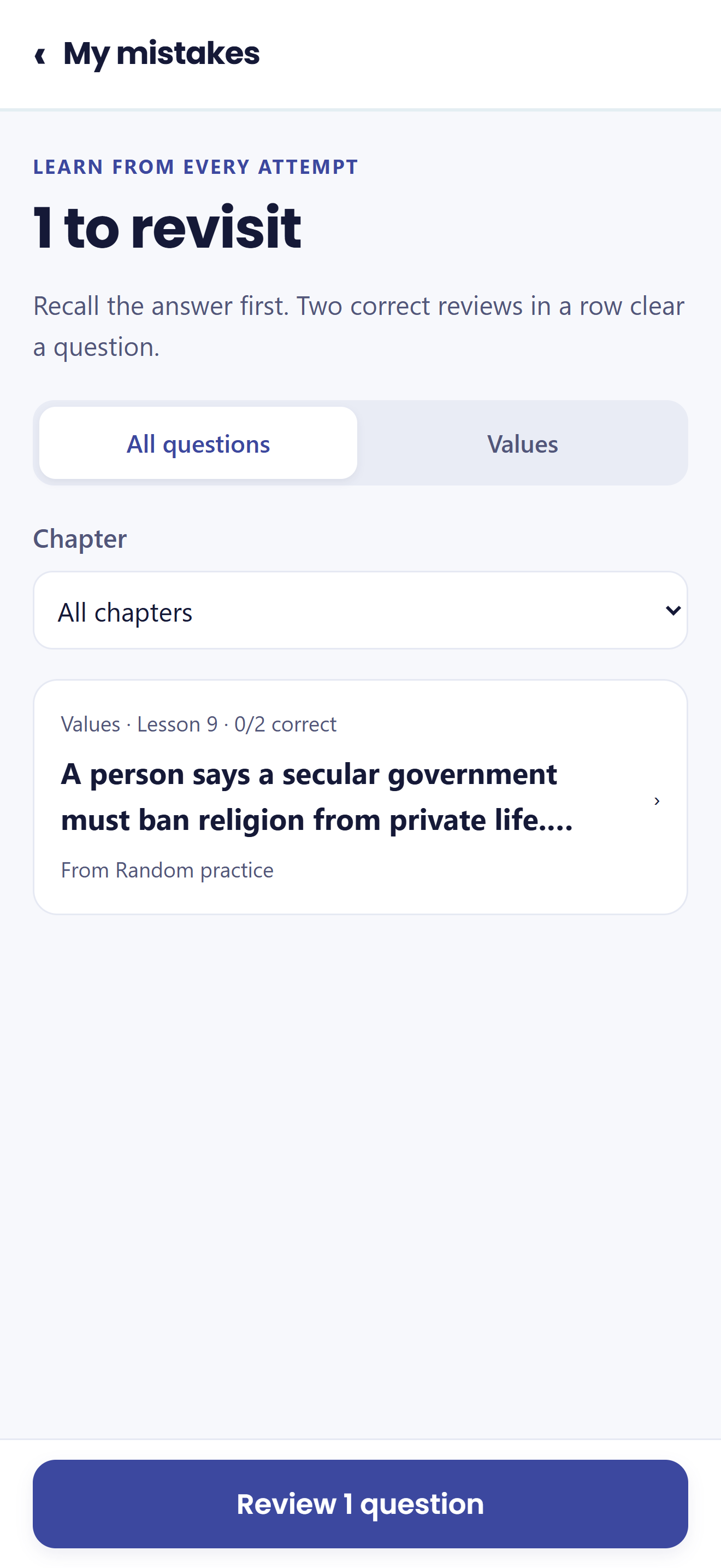 The My mistakes screen listing questions to revisit