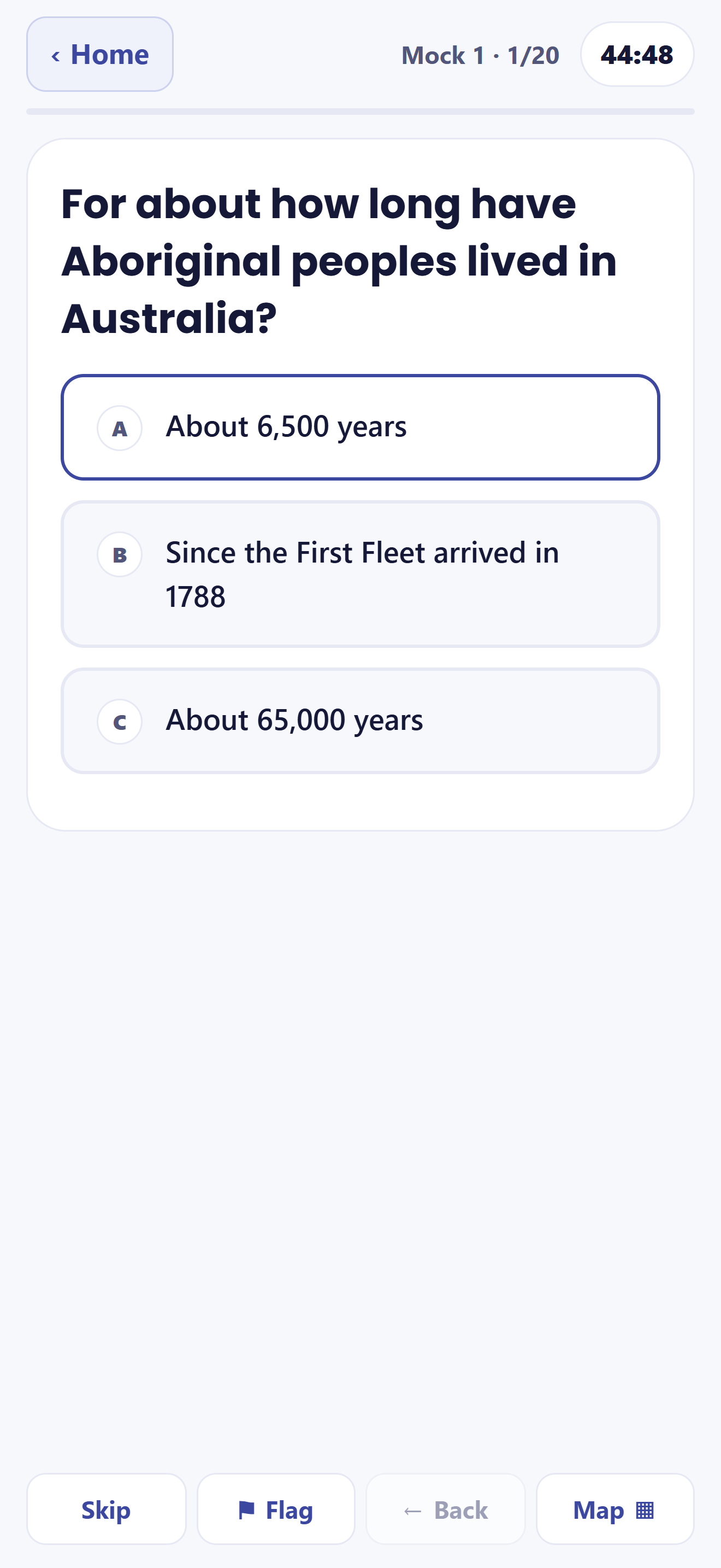 A timed mock test question with three answer options