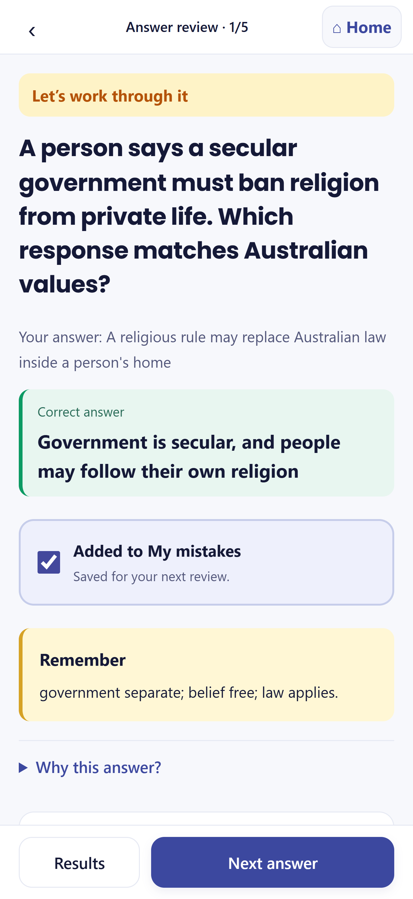 A mock test result showing knowledge and values scores separately